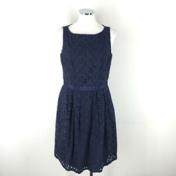 RALPH LAUREN Navy Eyelet Cotton Blend Fit & Flare Career Party Dress 12P - Picture 3 of 4